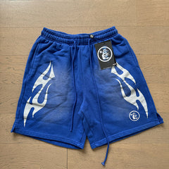 2024 summer new washed and worn casual shorts, flame printed trendy brand Hell Star men's five quarter pants (25)