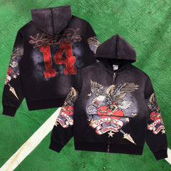Vale Forever Graphic Full-Zip Hoodie (Black / Eagle, Heart & Number 14)