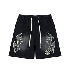 Hellstar Records Flame Print Acid Wash Loose Sweat Shorts