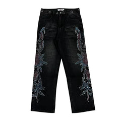 Vale Forever Rhinestone Floral Pattern Oversized Black Denim Jeans
