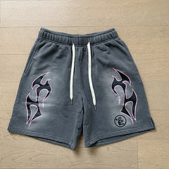 2024 summer new washed and worn casual shorts, flame printed trendy brand Hell Star men's five quarter pants (9)