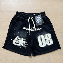 2024 summer new washed and worn casual shorts, flame printed trendy brand Hell Star men's five quarter pants (15)