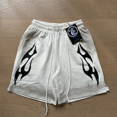 2024 summer new washed and worn casual shorts, flame printed trendy brand Hell Star men's five quarter pants (24)