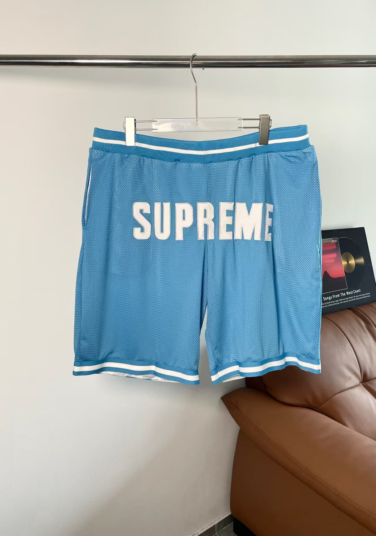 Supreme Large Letter Logo Striped Hem Basketball Shorts - Light Blue
