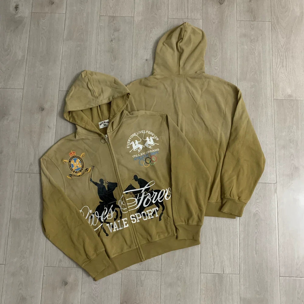 Vale Forever "Lives & Forever Vale Sport" Vintage Zip-Up Hoodie (Khaki)