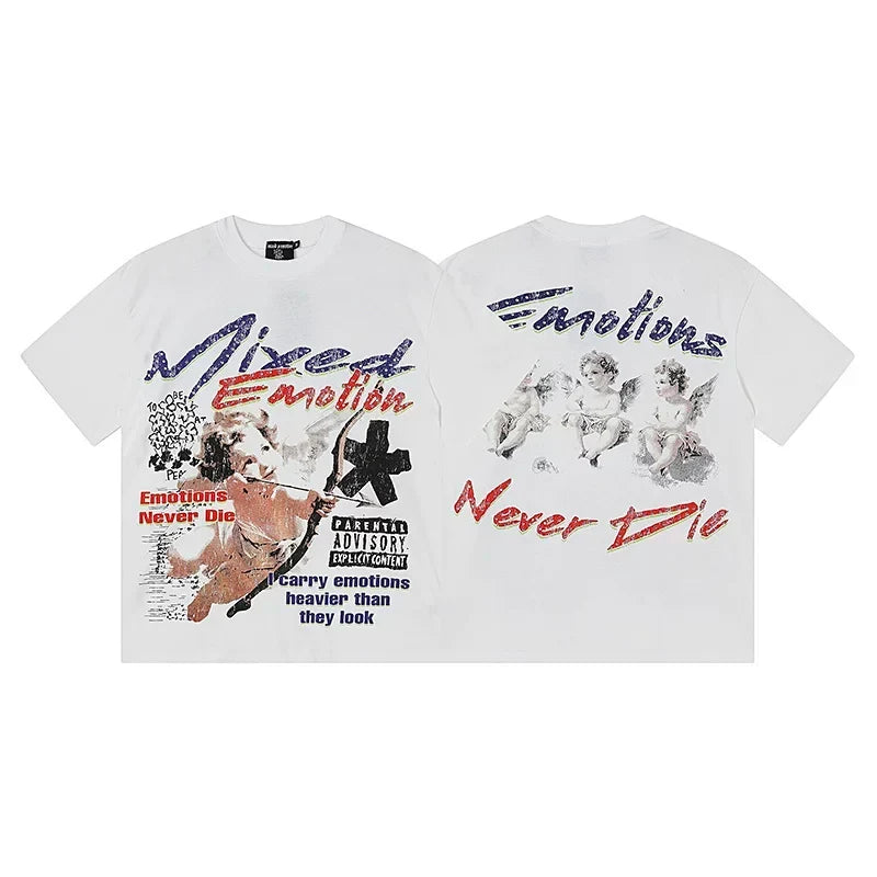 MIXED EMOTION "Emotions Never Die" Cherub Graphic Streetwear T-Shirt - White / Multi-Color