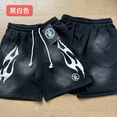 2024 summer new washed and worn casual shorts, flame printed trendy brand Hell Star men's five quarter pants (32)