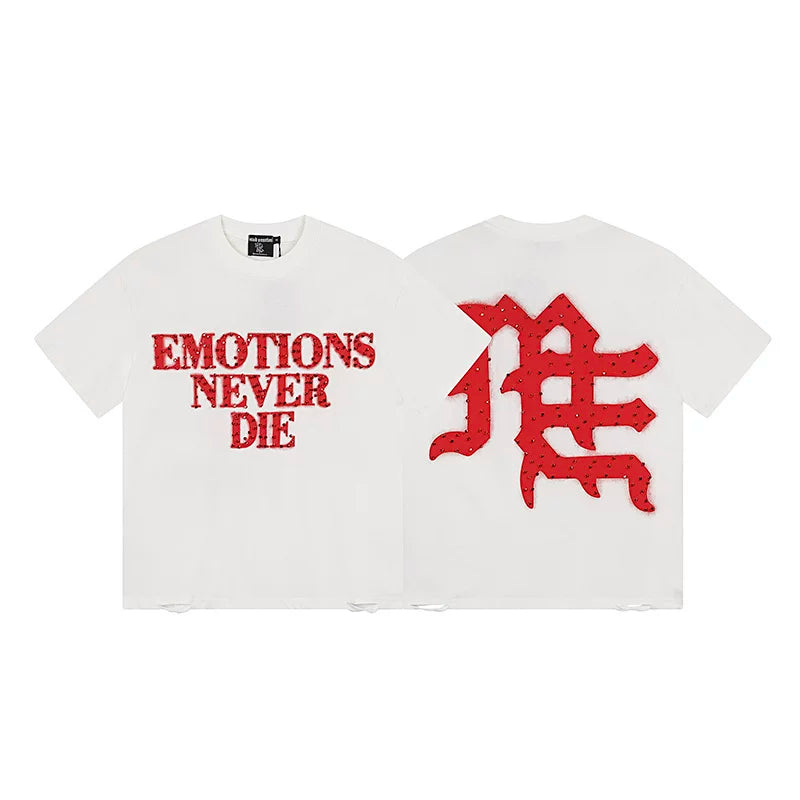 MIXED EMOTION "Emotions Never Die" Gothic Logo Graphic Short Sleeve T-Shirt - Off-White / Red