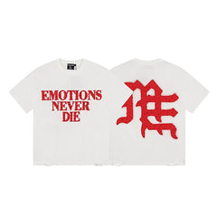 MIXED EMOTION "Emotions Never Die" Gothic Logo Graphic Short Sleeve T-Shirt - Off-White / Red
