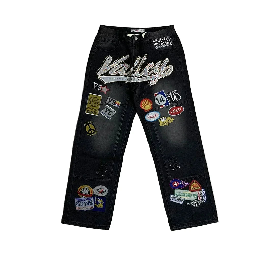 Vale Forever Rhinestone Patchwork Oversized Black Denim Jeans