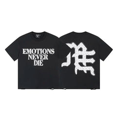 MIXED EMOTION "Emotions Never Die" Gothic Logo Graphic Short Sleeve T-Shirt - Black / White