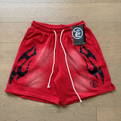 2024 summer new washed and worn casual shorts, flame printed trendy brand Hell Star men's five quarter pants (24)