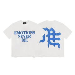 MIXED EMOTION "Emotions Never Die" Gothic Logo Graphic Short Sleeve T-Shirt - Off-White / Blue
