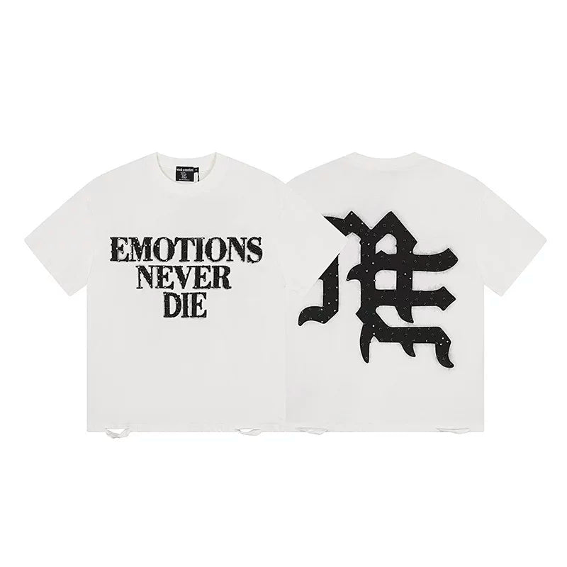 MIXED EMOTION "Emotions Never Die" Gothic Logo Graphic Short Sleeve T-Shirt - Off-White