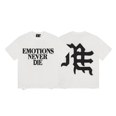 MIXED EMOTION "Emotions Never Die" Gothic Logo Graphic Short Sleeve T-Shirt - Off-White