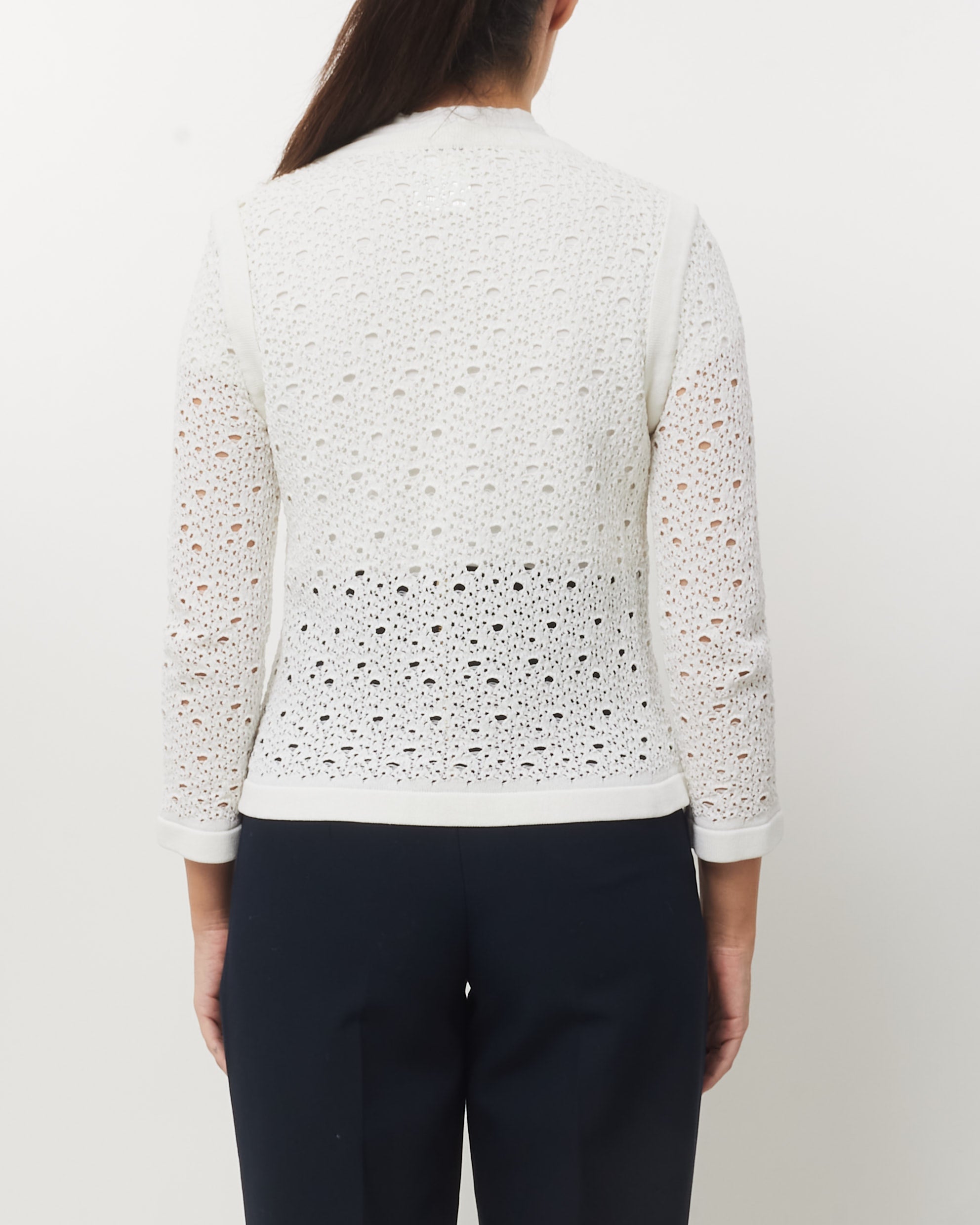 Chanel White Perforated Crochet Knit CC Logo Button Cardigan Sweater - 40