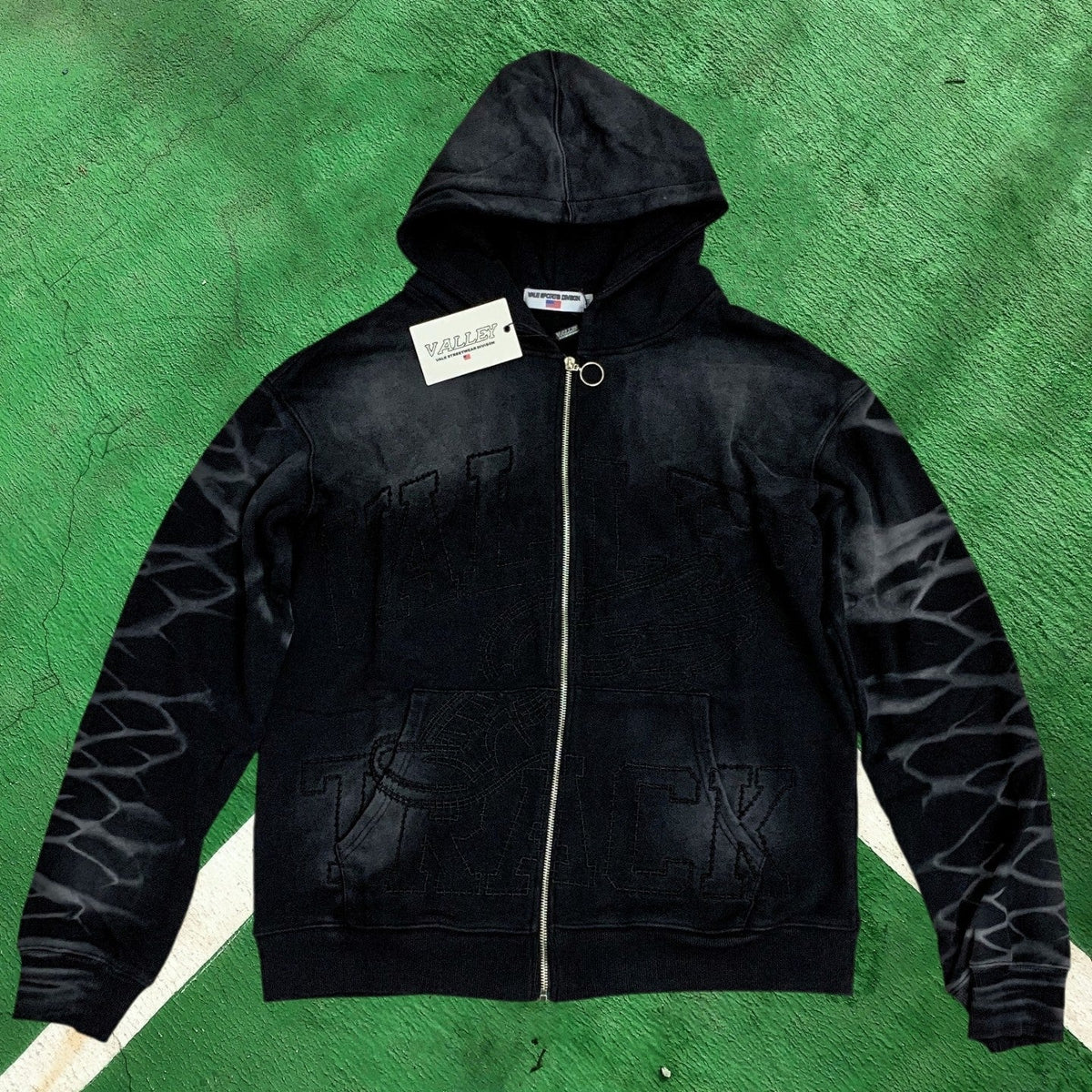 Vale Forever Vintage Wash Graphic Full-Zip Hoodie (Black / Track Print)