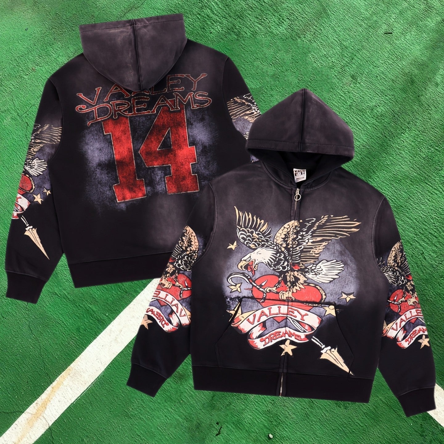 Vale Forever Graphic Full-Zip Hoodie (Black / Eagle, Heart & Number 14)