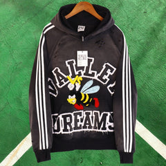 Vale Forever Vintage Sport Graphic Pullover Hoodie (Black / Bee Applique & Striped Sleeves)
