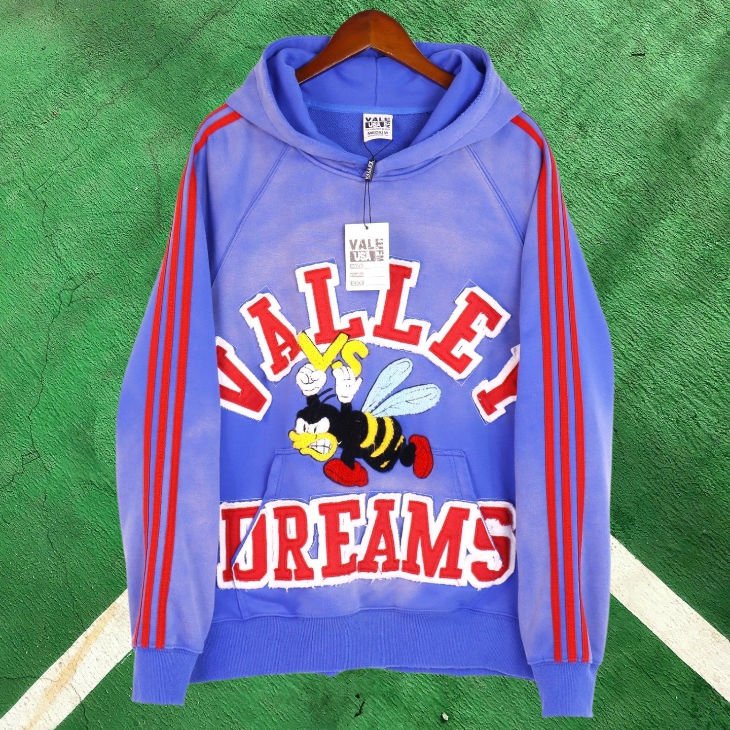 Vale Forever Vintage Sport Graphic Pullover Hoodie (Blue / Red Stripes & Bee Applique)