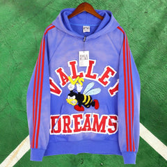Vale Forever Vintage Sport Graphic Pullover Hoodie (Blue / Red Stripes & Bee Applique)