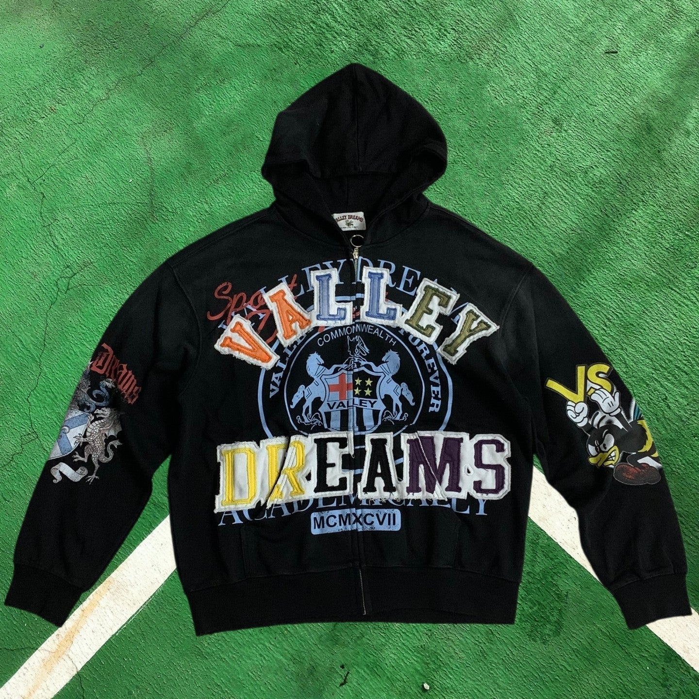 Vale Forever Graphic Full-Zip Hoodie (Black / Multi-Patch Collegiate Crest)