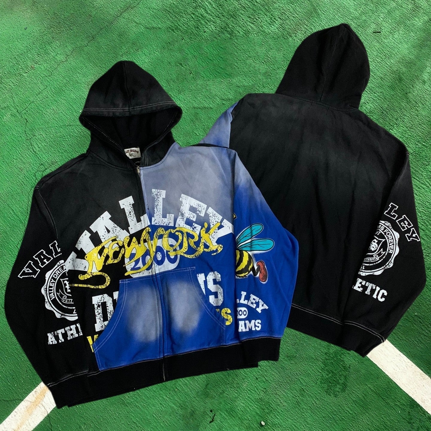 Vale Forever Graphic Full-Zip Hoodie (Black & Blue / New York Bee & Athletic Motifs)