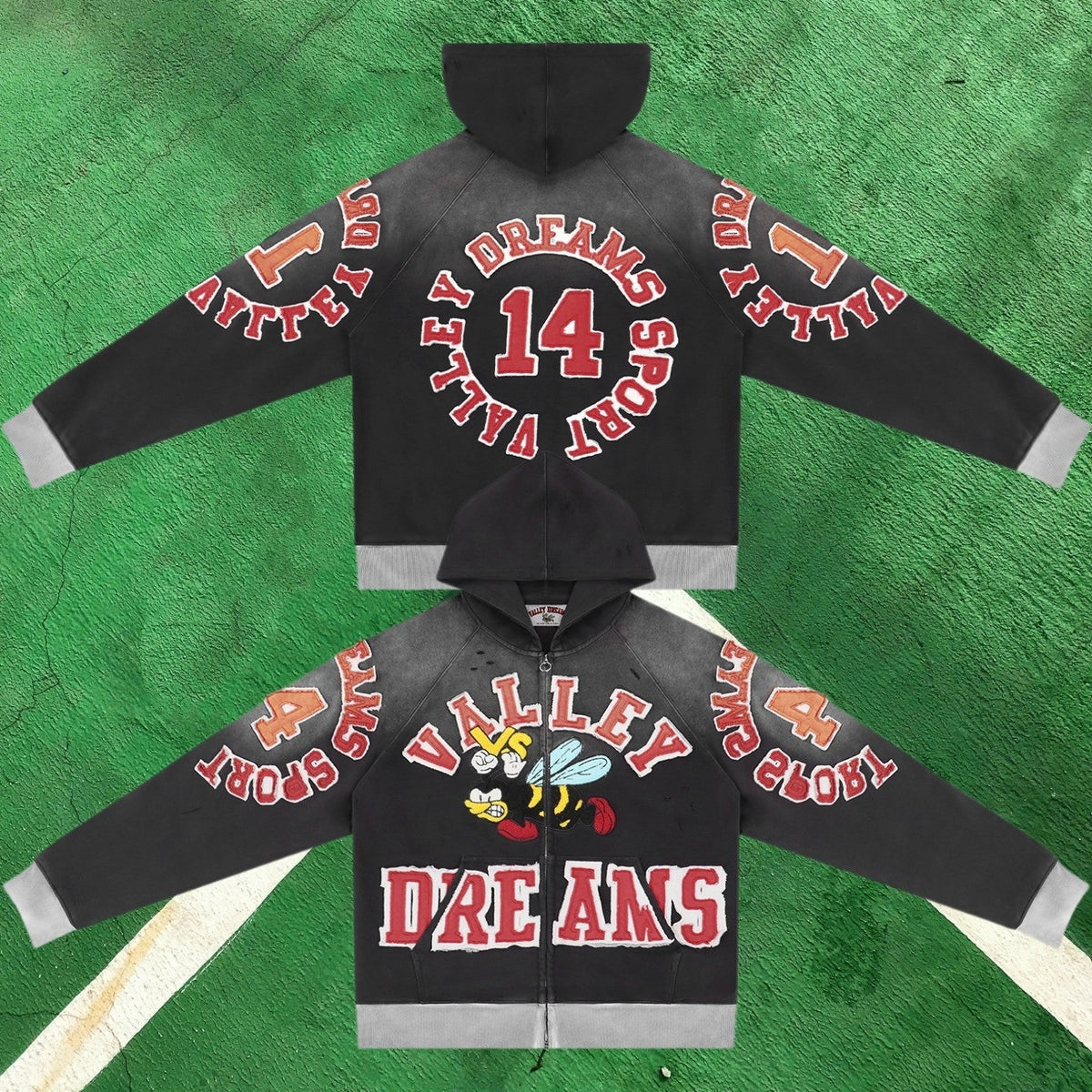 Vale Forever Graphic Full-Zip Hoodie (Washed Black / Red Accents, Bee Motif & Number 14)