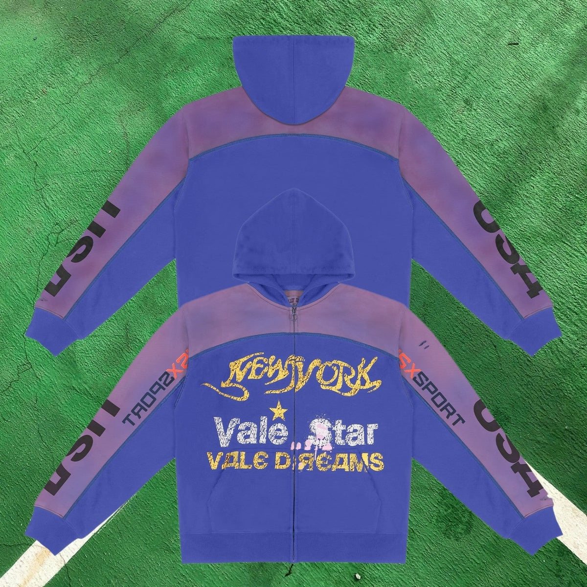 Vale Forever Graphic Full-Zip Hoodie (Blue & Purple / New York & Vale Star Motifs)