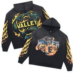 Vale Forever Graphic Pullover Hoodie (Washed Black / Dragon & Fire Flame Motifs)