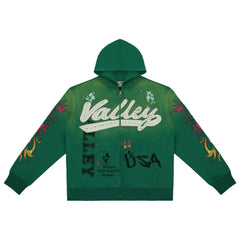 Vale Forever Graphic Full-Zip Hoodie (Green / Rhinestone Script & Flame Sleeves)